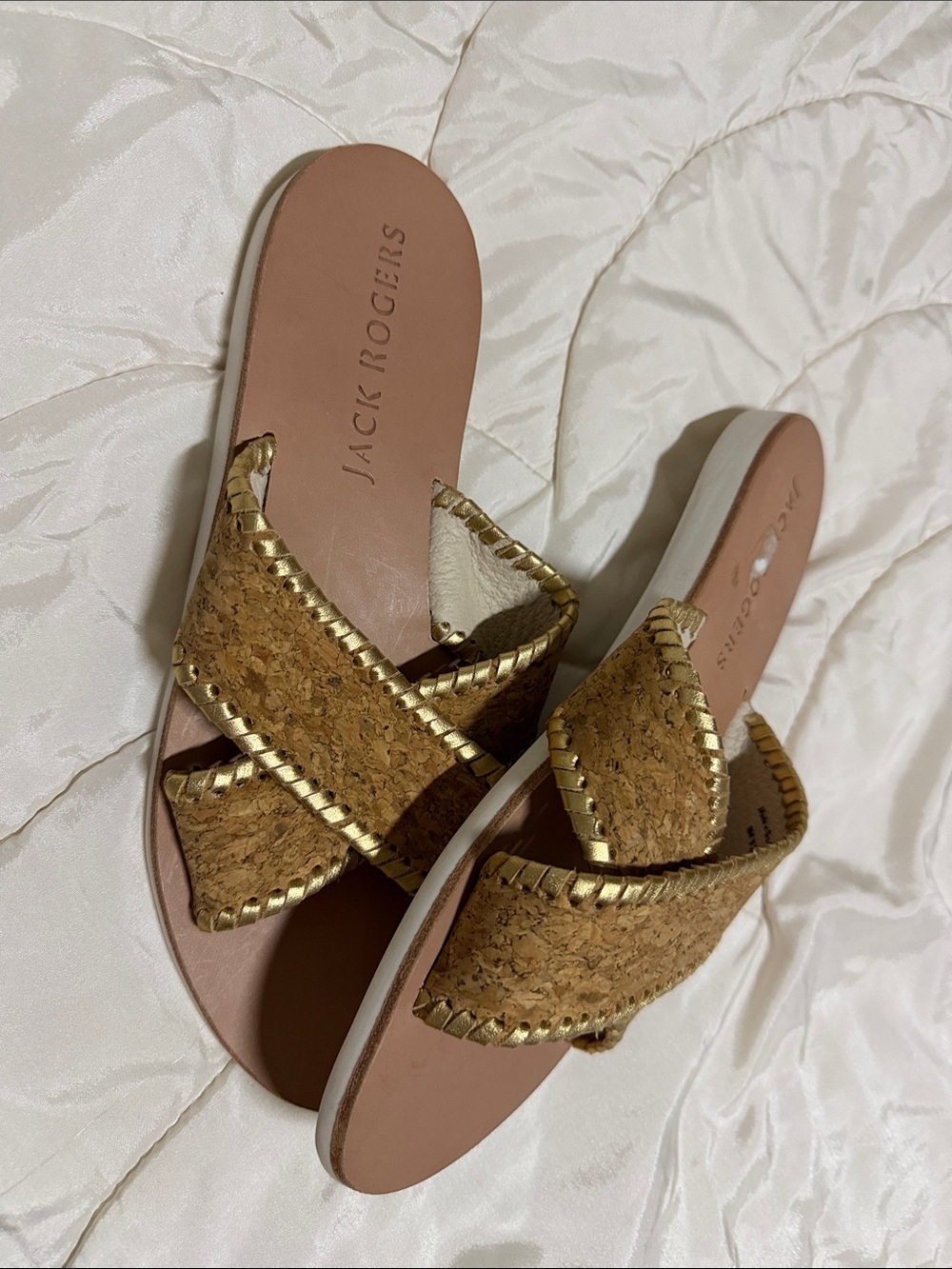 Jack Rogers Cork Slide Sandals with Gold Trim - Women's